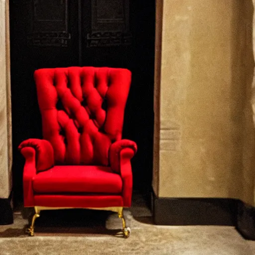 Prompt: a red chair, surrounded by sinister gold tools, at the end of a black stone hallway