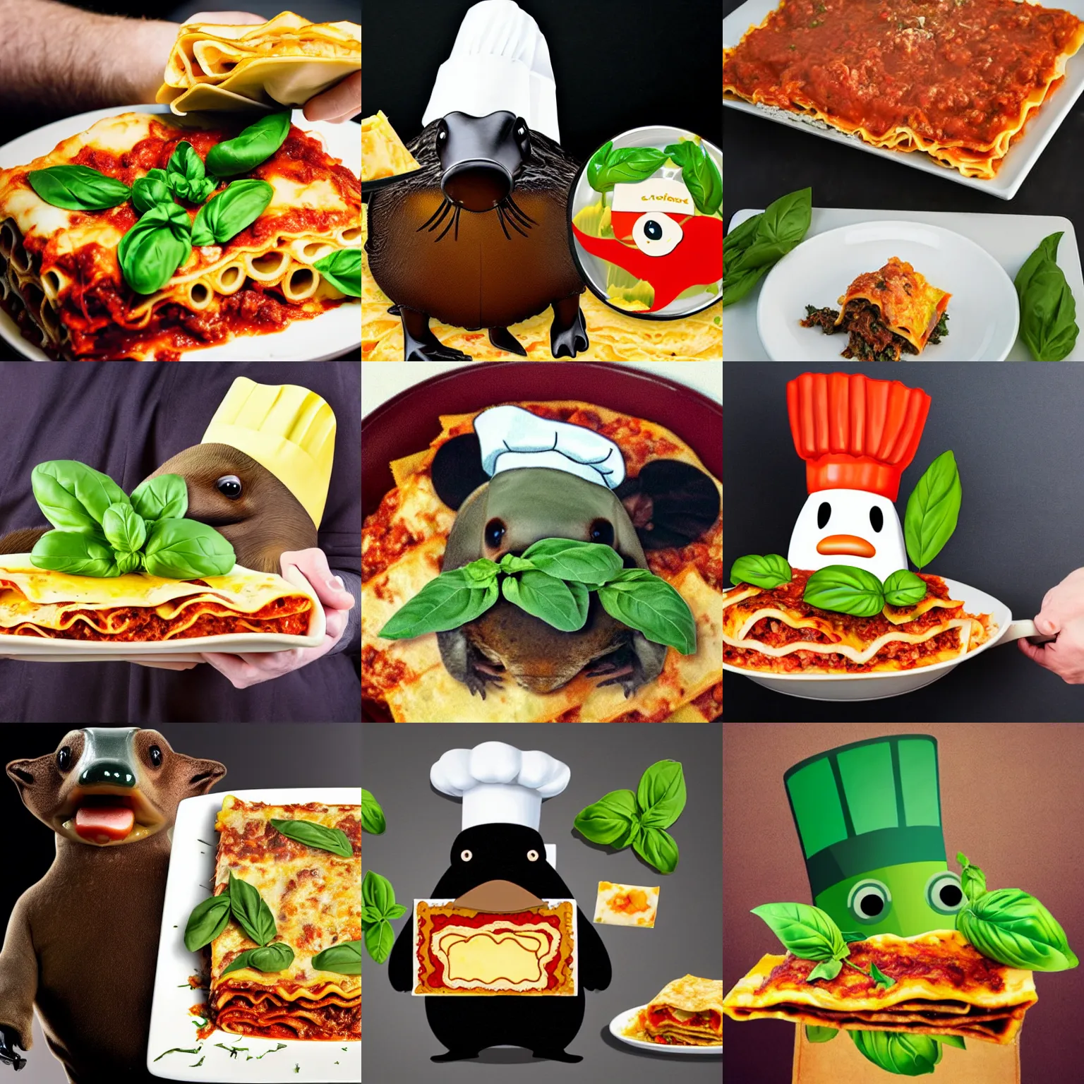 Prompt: platypus wearing a chef hat while holding a lasagna with three basil leaves over the lasagna