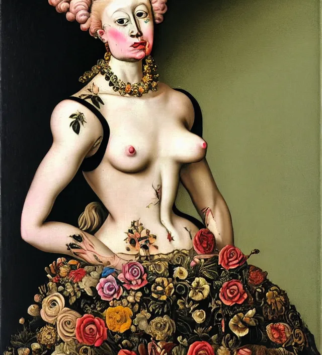 Image similar to baroque portrait of a blonde princess of porceline skin, full body floral tattoos, by francis bacon