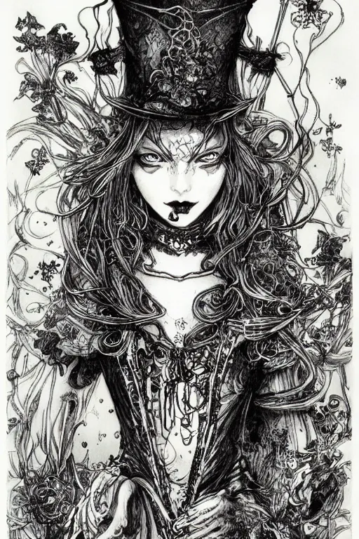 Prompt: Gothic Alice in wonderland tarot card , pen and ink, intricate line drawings, by Yoshitaka Amano, Ruan Jia, Kentaro Miura, Artgerm, watercolor