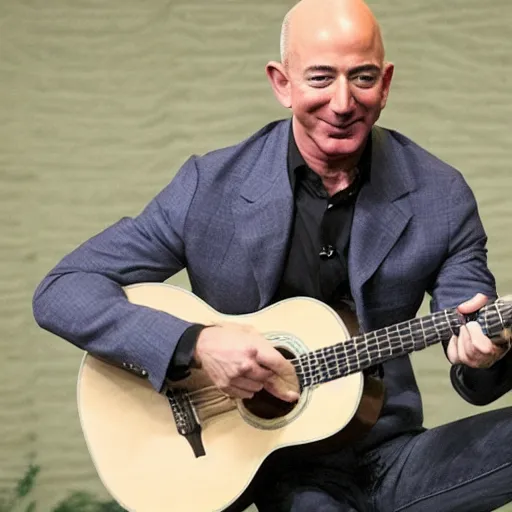 Image similar to Jeff Bezos riding a horse holding his acoustic guitar