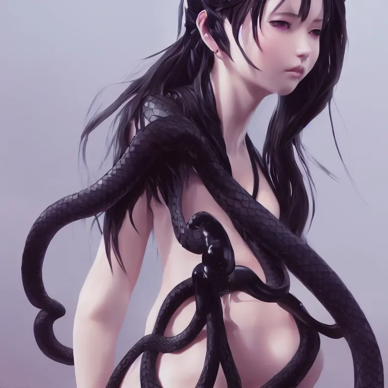 Image similar to a beautiful anime girl wtih black demon horns and snake tails,full body portrait,by ruan jia and Ilya Kuvshinov and Ciro Marchett,super clear detailed,hyper realistic,trending on artstation,4k