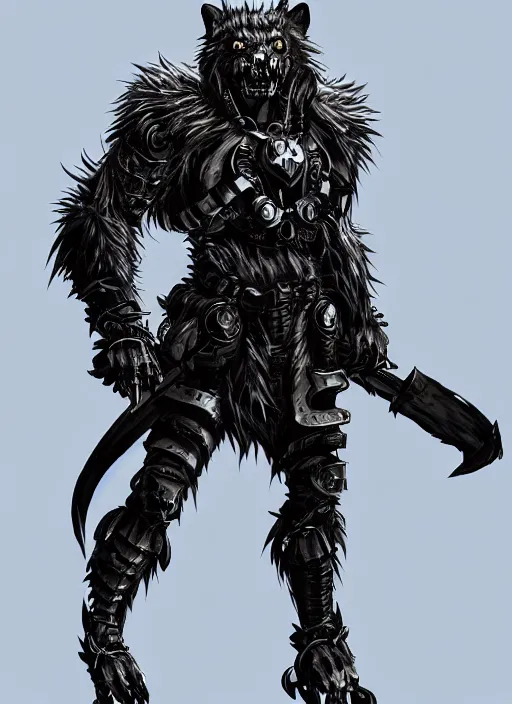 Image similar to Full body portrait of a scary gnoll wolf man. Armour made of human skulls. Giant War Scythe. Glowing blue eyes In style of Yoji Shinkawa and Hyung-tae Kim, trending on ArtStation, dark fantasy, great composition, concept art, highly detailed.