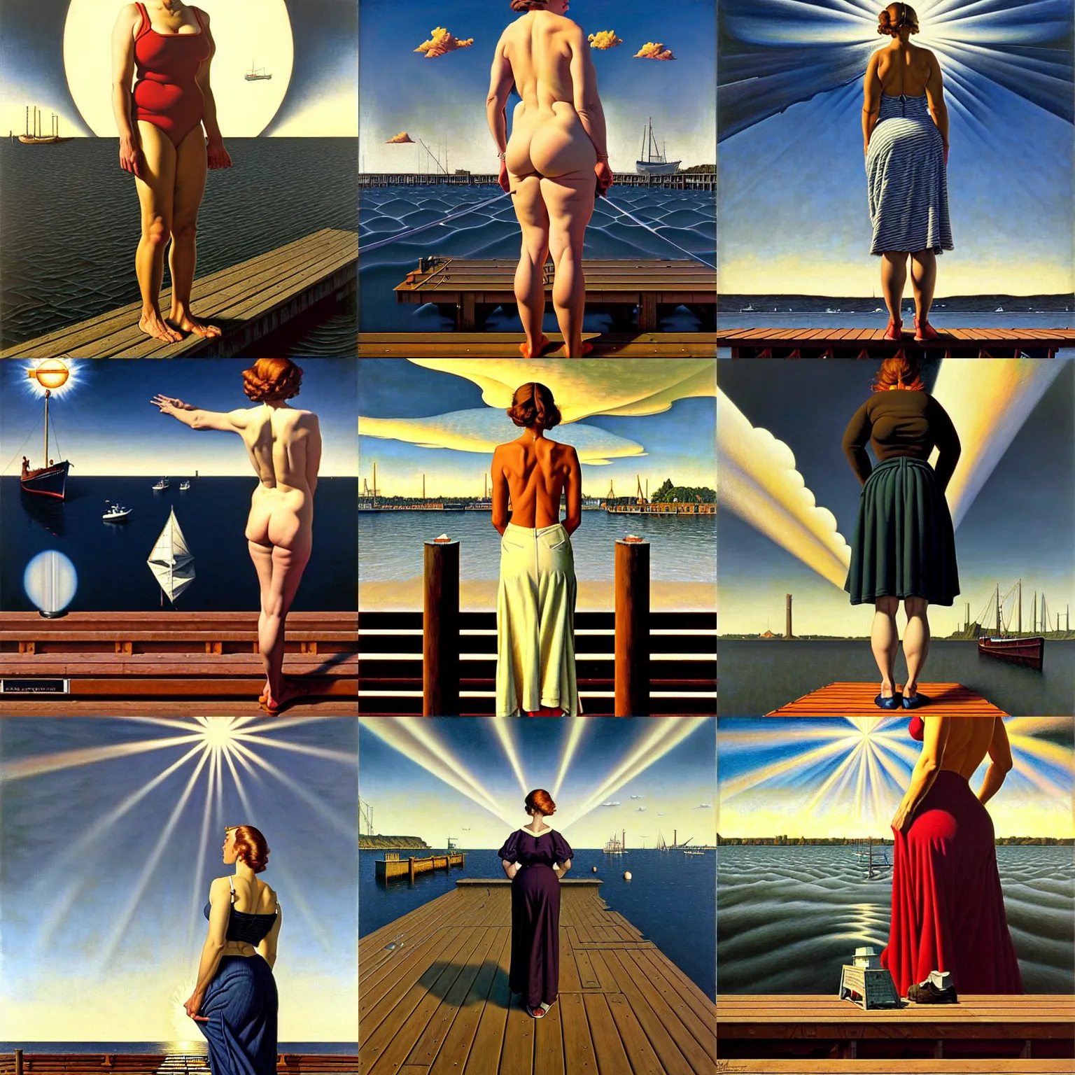 Prompt: a fully clothed woman standing on a dock by rob gonsalves and brom and norman rockwell and lucian freud and gil elvgren, hyperrealism, precisionism, art deco, surrealist, chiaroscuro, sunburst behind woman, highly detailed