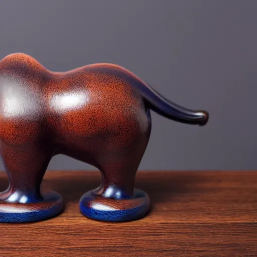 Image similar to a zoomed out studio product shot of a rounded carved smooth cherry wood and blue resin hippopotamus, in profile, like a catalog photograph, mostly wood, with a smooth featureless minimalist look