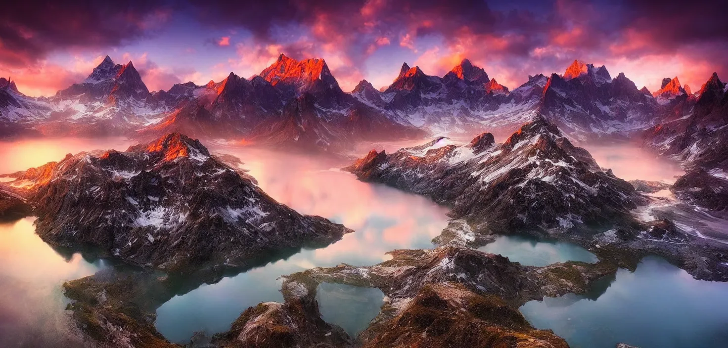 Image similar to amazing landscape photo of mountains with lake in sunset by marc adamus, beautiful dramatic lighting