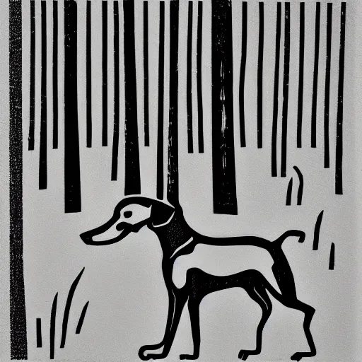 Prompt: minimalist linocut, black and white, greyhound in a forest