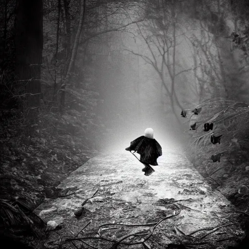 Prompt: a grave digger with remnants of angel wings is chasing a child through a creek in the woods, bad dream, hazy memory, volumetric, dark black and white in the style of alvin schwartz, epic angles