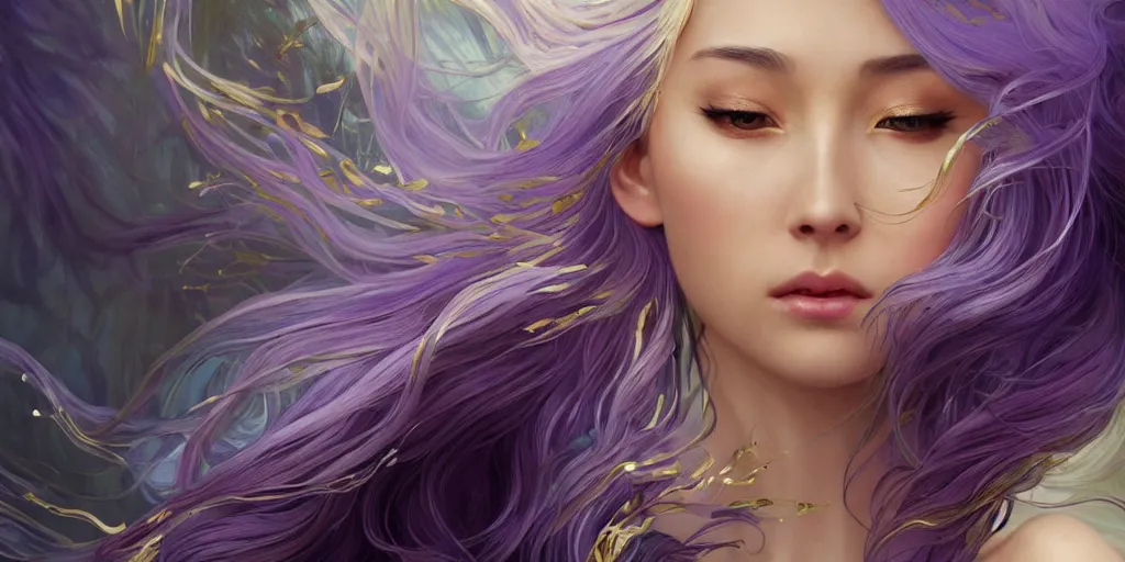 Image similar to wide angle, opulescent purple panther, metallic silver and ice color reflected crystal hair, leaping from willow tree, fantasy, intricate, very beautiful, elegant, golden light, highly detailed, digital painting, artstation, concept art, smooth, sharp focus, unreal engine, art by wlop and tian zi and alphonse mucha