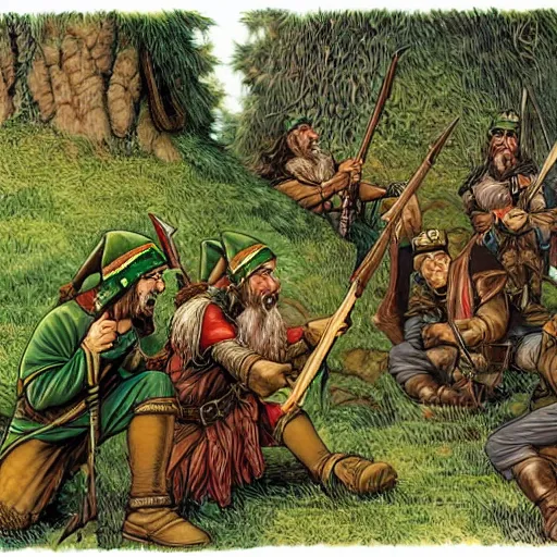 Image similar to Elves accidentally sniping dwarves and apologizing, fantasy, highly detailed, by larry elmore