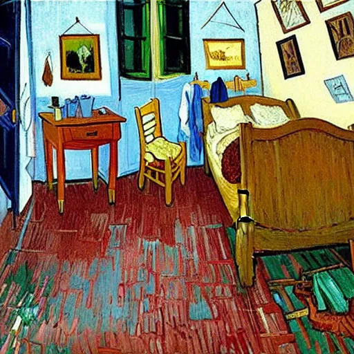 Image similar to a cozy bedroom decorated by van gogh, detailed, high resolution, wow!, intricate