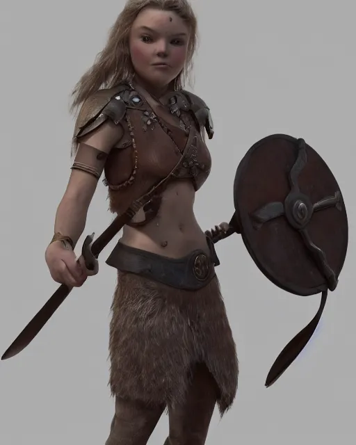 Image similar to a viking girl with a shield, pixar style, clean detail, symmetrical, octane render, studio lighting