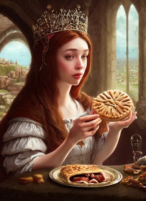 Image similar to highly detailed closeup portrait of a fairytale medieval princess eating meat pies, unreal engine, greg rutkowski, nicoletta ceccoli, mark ryden, earl norem, lostfish, global illumination, god rays, detailed and intricate environment