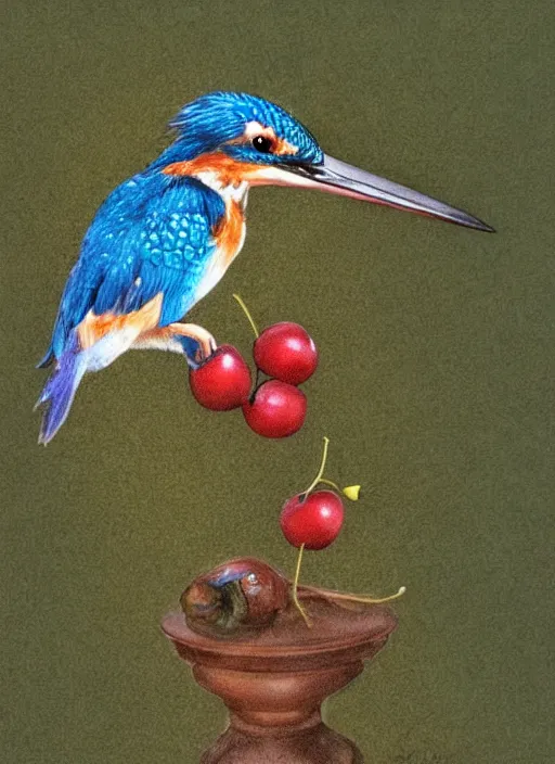 Prompt: a kingfisher sitting on a cherry playing the flute