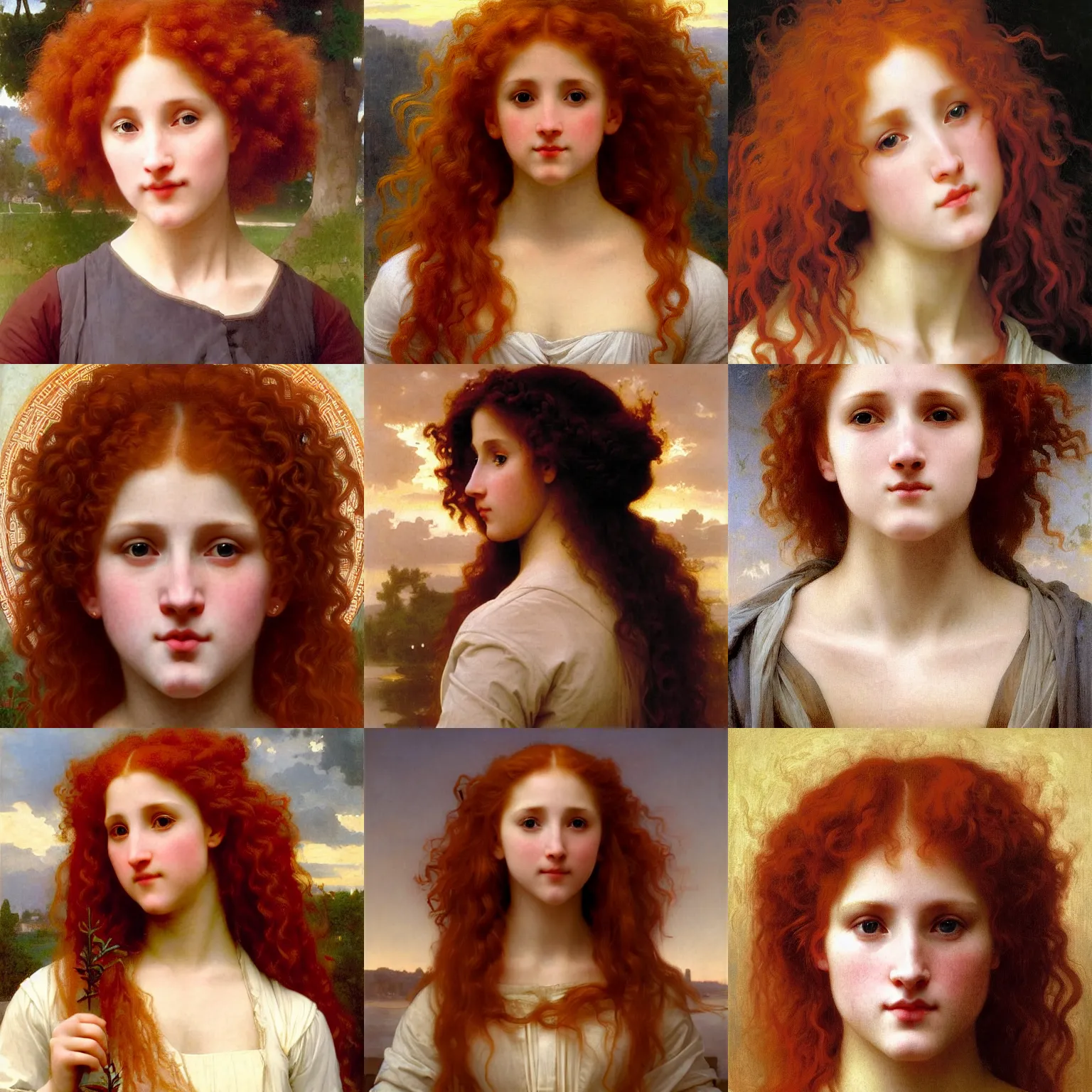 Prompt: Symmetrical cleric of symmetry. Stocky red-haired woman with long curly symmetrical red hair. Cheerful. Art by william adolphe bouguereau. During golden hour. Extremely detailed. Beautiful. 4K. Award winning.