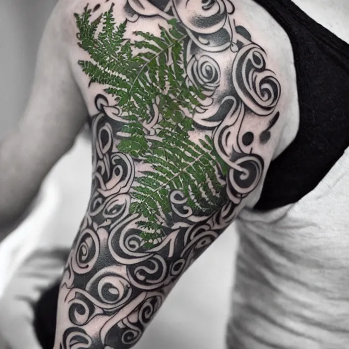 sleeve tattoo with a ranunculus surrounded by fern
