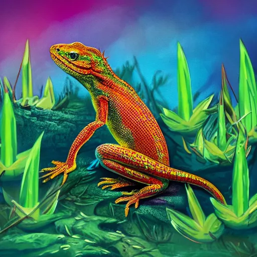 Prompt: highly detailed photograph of a lizard sitting in a steaming colorful hotspring with woodland forest backdrop, featured on artstation