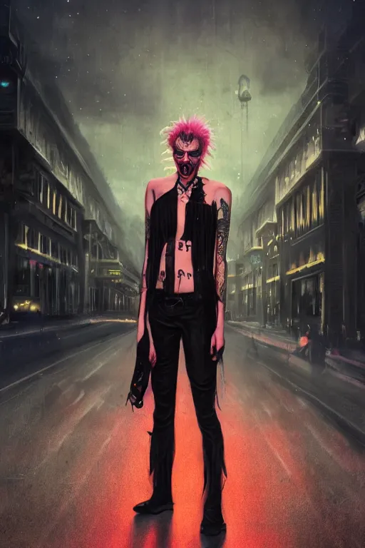 Prompt: full body portrait of a punk vampire on the Las Vegas strip at night by tom bagshaw, cinematic, hyper realism, high detail, octane render, 8k, trending on artstation, CGsociety, concept art, 35mm, kodak portra