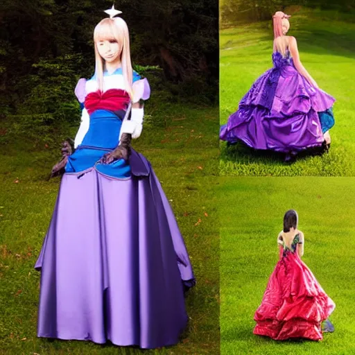 Image similar to rowen atkinson mid magic outfit transformation, anime style, ball gown dress