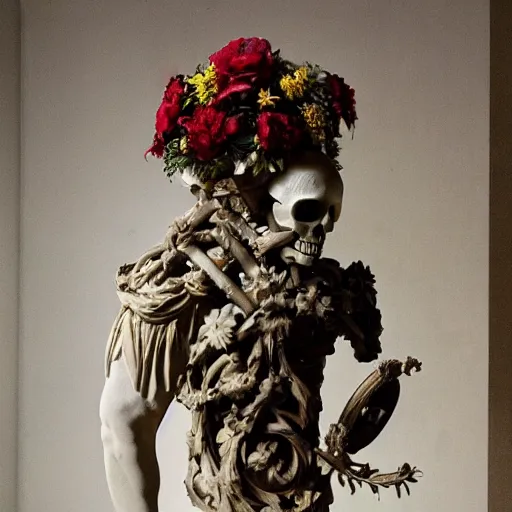 Prompt: a man in the form of a Greek sculpture with a mask in the form of a skull and wreath of flowers skulls in hands dressed in a biomechanical suit