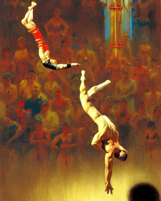 Image similar to attractive male acrobat performing trips from the highwire in the center ring of a three ring circus, the crowd looks on in excitement, spotlight on the acrobat, bright colors, painting by gaston bussiere, craig mullins, j. c. leyendecker