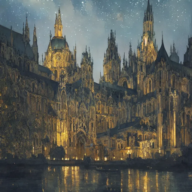 Image similar to a beautiful painting of the view from the river of ancient london cathedrals, at night with a sky full of stars, intricate, elegant, highly detailed, digital painting, artstation, concept art, by krenz cushart and artem demura and alphonse mucha