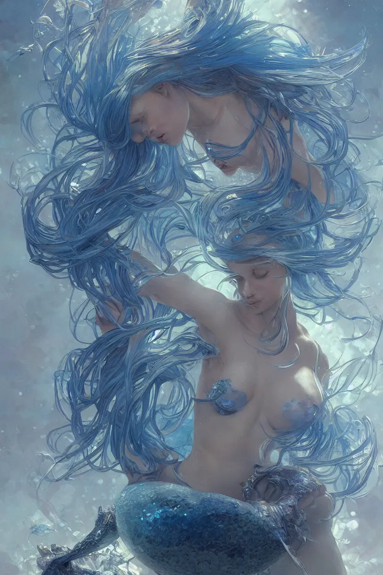 Prompt: a hyper detailed painting of a mermaid queen, blue tones, underwater, highly detailed, digital painting, artstation, concept art, smooth, sharp focus, illustration, art by artgerm and greg rutkowski and alphonse mucha