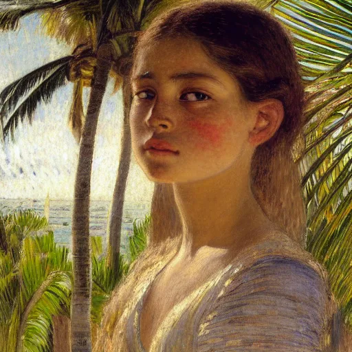 Image similar to a ultradetailed beautiful painting of a girl in the amazonas palace designed by jules bastien - lepage, hans belmer, frank weston and gustave baumann, beach, trending on artstation, mediterranean, palm trees, light sparkles, sharp focus, soft light, 8 k 4 k