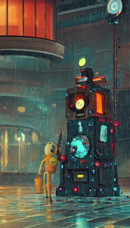 Image similar to arcade cabinet robot begging for coins in the rain, sharp focus, james gilleard, cinematic, game art, extremely detailed digital painting, print