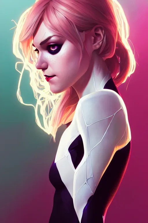 Prompt: a portrait of spider - gwen, fantasy, sharp focus, intricate, elegant, digital painting, artstation, matte, highly detailed, concept art, illustration, ambient lighting, art by ilya kuvshinov, artgerm, alphonse mucha, and greg rutkowski