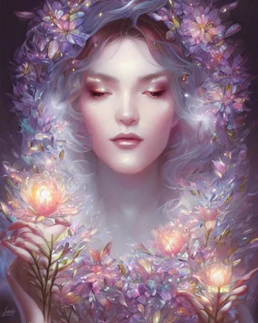 Prompt: Woman covered in crystalline gems and flowers, radiant light, onyx flora, by artgerm, wlop, peter mohrbacher