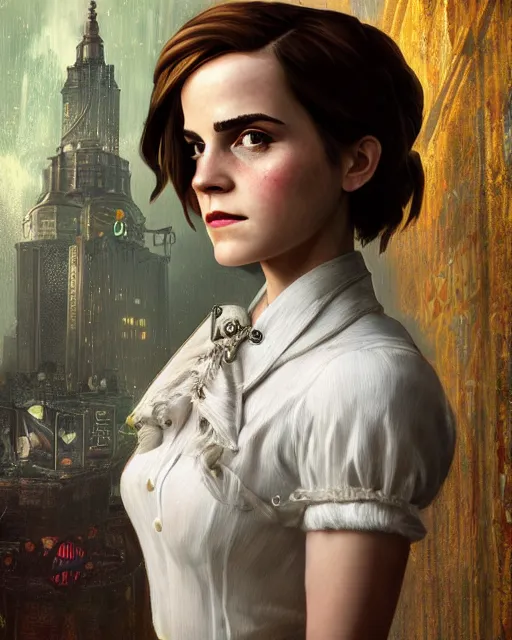 Prompt: bioshock portrait of emma watson, au naturel, hyper detailed, digital art, trending in artstation, cinematic lighting, studio quality, smooth render, unreal engine 5 rendered, octane rendered, art style by klimt and nixeu and ian sprigger and wlop and krenz cushart.