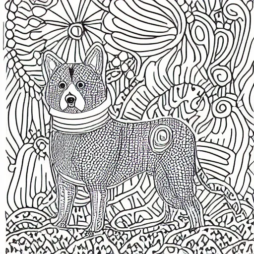 Image similar to Black and white coloring book page of a Shiba Inu