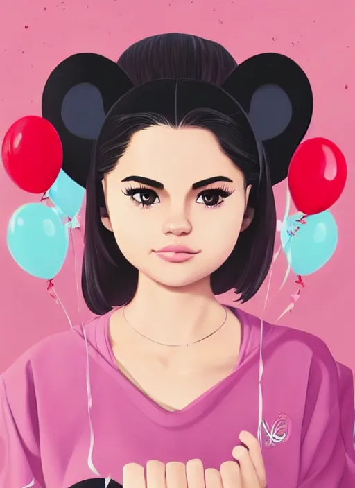 Image similar to woman resembling selena gomez at a birthday party wrapping mickey ears. balloons. clean cel shaded vector art. shutterstock. behance hd by lois van baarle, artgerm, helen huang, by makoto shinkai and ilya kuvshinov, rossdraws, illustration,