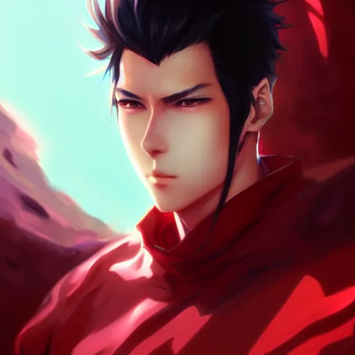 Image similar to anime portrait of a slick black hair guy with red eyes by stanley artgerm lau, wlop, rossdraws, james jean, andrei riabovitchev, marc simonetti, and sakimichan, trending on artstation