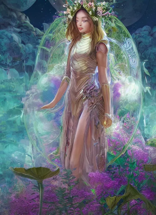 Prompt: portrait of Lalisa Manobal as a Celestial Goddess of a futuristic princess, inside future fighter, sci-fi, fantasy, intricate, lush garden spaceship with sakura season flowers, elegant, human anatomy, royal green and nature light, highly detailed, digital painting, artstation, concept art, smooth, sharp focus, illustration, art by tian zi and WLOP and alphonse mucha, masterpiece, 3d blender