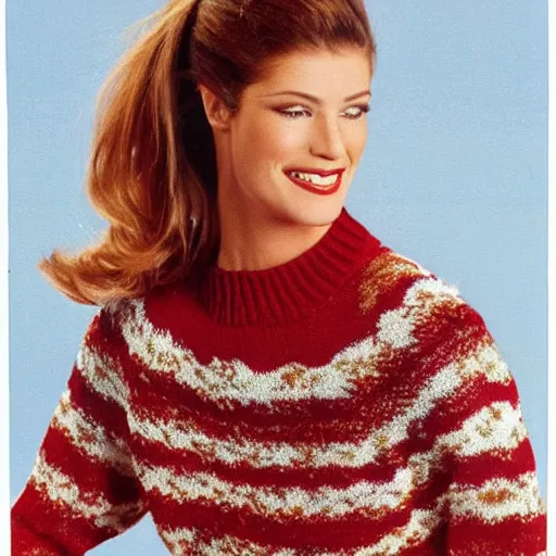 Prompt: model wearing a sweater of bacon weave, product photo, jc penny catalog