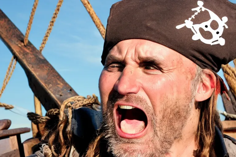 Prompt: closeup old pirate yelling on an old pirate ship, by emmanuel lubezki