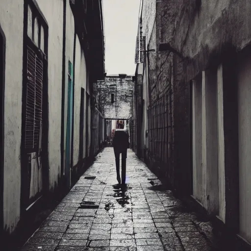 Prompt: photo of creepy harlequin in an endless alleyway