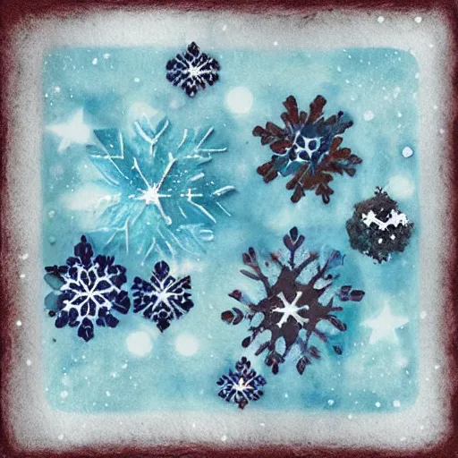 Image similar to mixed media winter icon collage illustration in soft watercolor style, ice blue cold hues