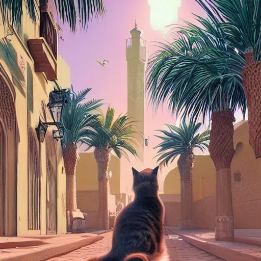 Image similar to cat travels through marrakech streets, morocco, palm trees, mosque, vaporwave, highly detailed, digital painting, artstation, concept art, smooth, sharp focus, illustration, art by artgerm and greg rutkowski and alphonse mucha