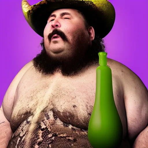 Image similar to hyperreal morbidly obese 2000kilo snake oil salesman wearing authentic purple green sip tech cowboy augmentation and curly snake moustache, fat man standing in front of blank background