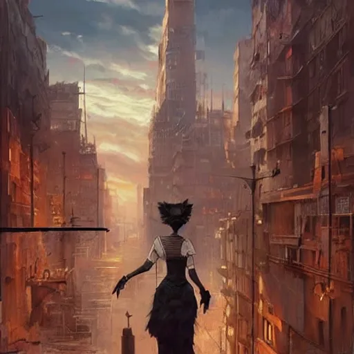 Image similar to gigantic cat walking on apocalyptic city, very detailed fine art, top of pinterest, trend of artistation, style of ( ( kadinski ) ) ( ( ( ( ( greg rutkowski ) ) ) ) ) and ilia kuvshinov