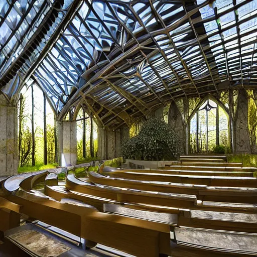 Image similar to solarpunk chapel building, high tech futuristic gothic, in nature with nothing else around, beautiful ambient lighting, forest and mountains and beams of light, realistic photo