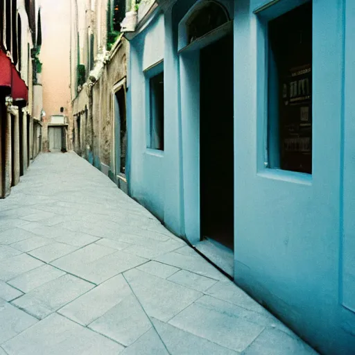 Prompt: kodak portra 8 0 0, flickr photograph view of a calm hallway street street with blue roses in downtown neo - venezia in a dreamy afternoon, a corner shop can be seen