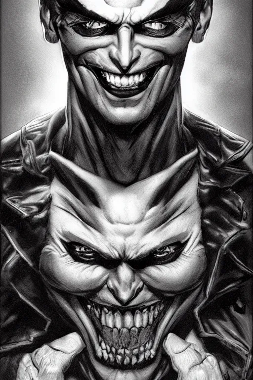 Image similar to aesthetic digital portrait of a handsome young man with a sinister grin by brian bolland, rachel birkett, alex ross, and neal adams | dark, intimidating, imposing, portrait, character concept, concept art, unreal engine, finalrender, centered, deviantart, artgerm