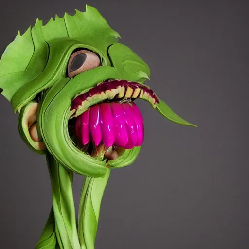 Image similar to studio photograph of a thin green vine creature with vine limbs and a pink blooming flower mouth with many sharp teeth