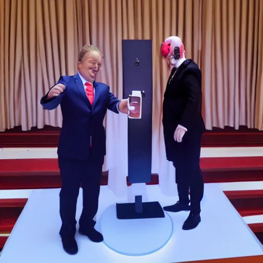 Image similar to president clown taking a selfie in a podium next to first minister