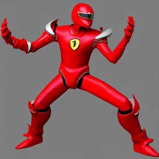 Image similar to Tokusatsu character based on Ferrari, red mechanical skinny body, chest plate with Ferrari logo, stylized motorcycle helmet, full body, unreal engine, 3D model