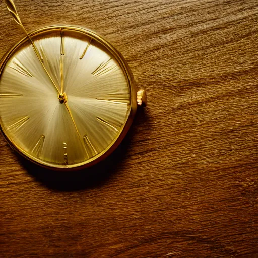 Prompt: macro shot of a golden wristwatch sitting on a table in the hall of a great castle